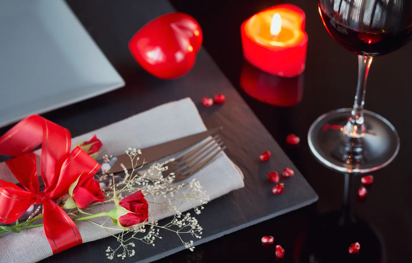 Фото обои вино, розы, свечи, сердца, бокалы, подарки, день валентина, hearts