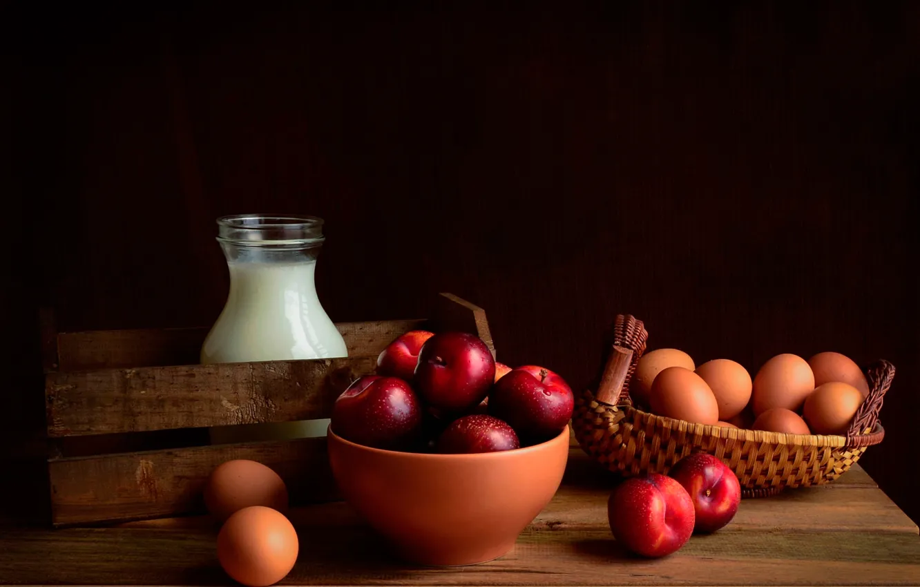 Фото обои яблоки, яйца, молоко, натюрморт