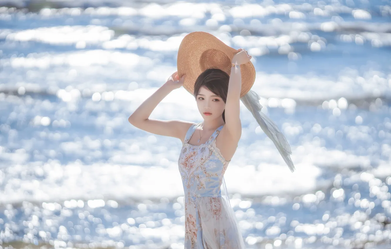 Фото обои Beautiful, Asian, Model, Coast, Beach, Water, Woman, Ocean