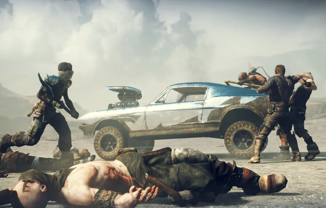 Фото обои игра, тачка, бойцы, Mad Max, драка.
