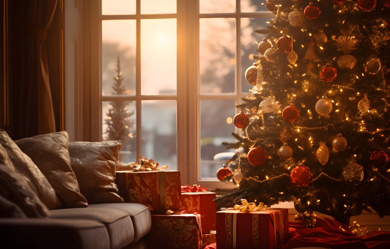 Фото обои украшения, диван, шары, елка, Новый Год, Рождество, подарки, new year