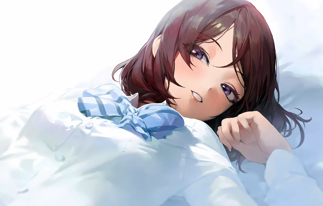 Фото обои girl, brown hair, anime, beautiful, short hair, purple eyes, pretty, attractive