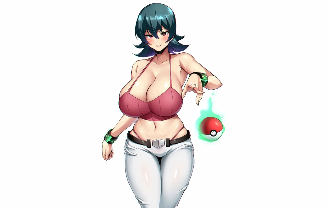Фото обои girl, sexy, cleavage, boobs, anime, beautiful, red eyes, short hair