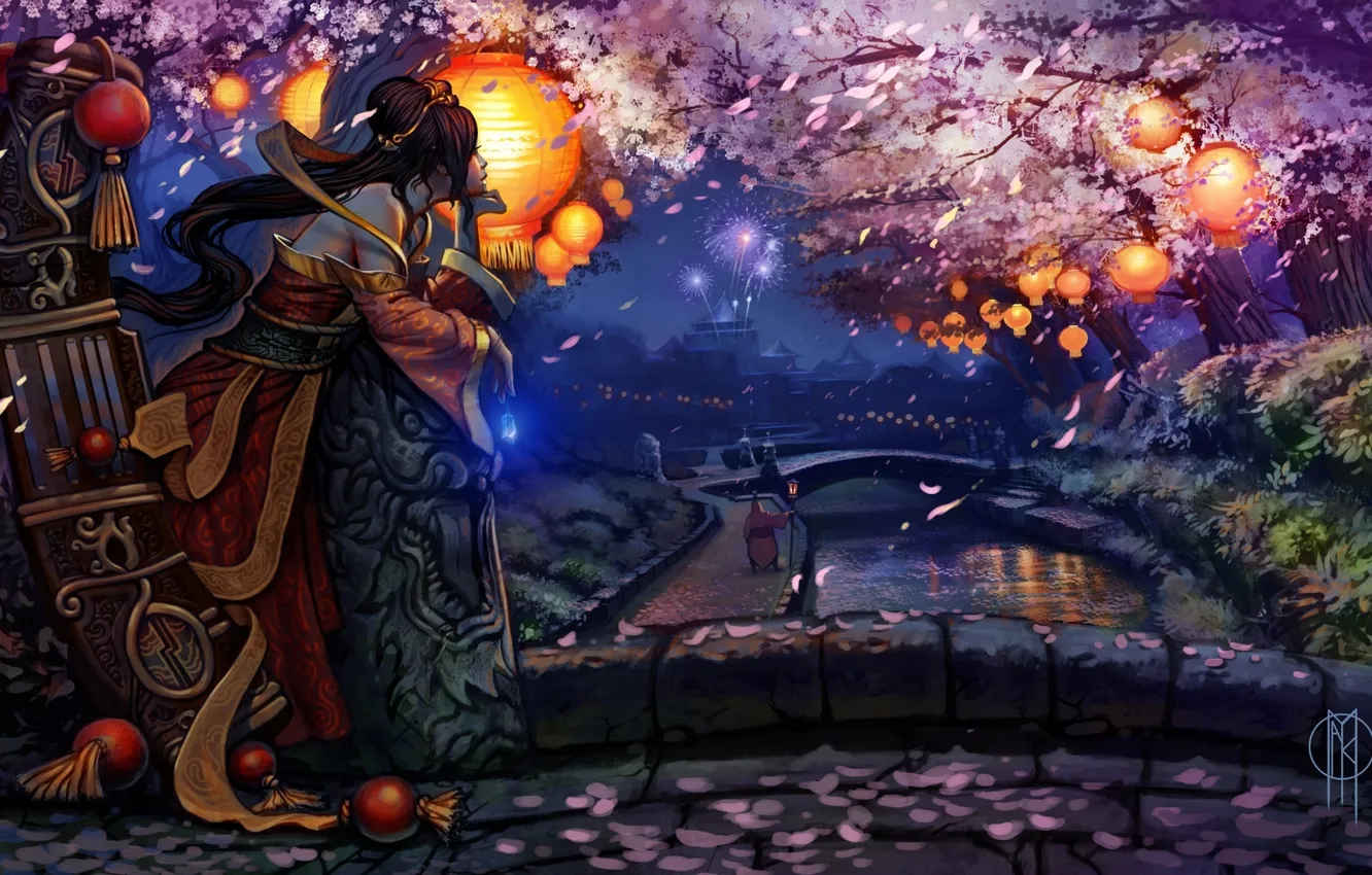 Фото обои девушка, мост, сакура, кимоно, фонарики, цветение, league of legends