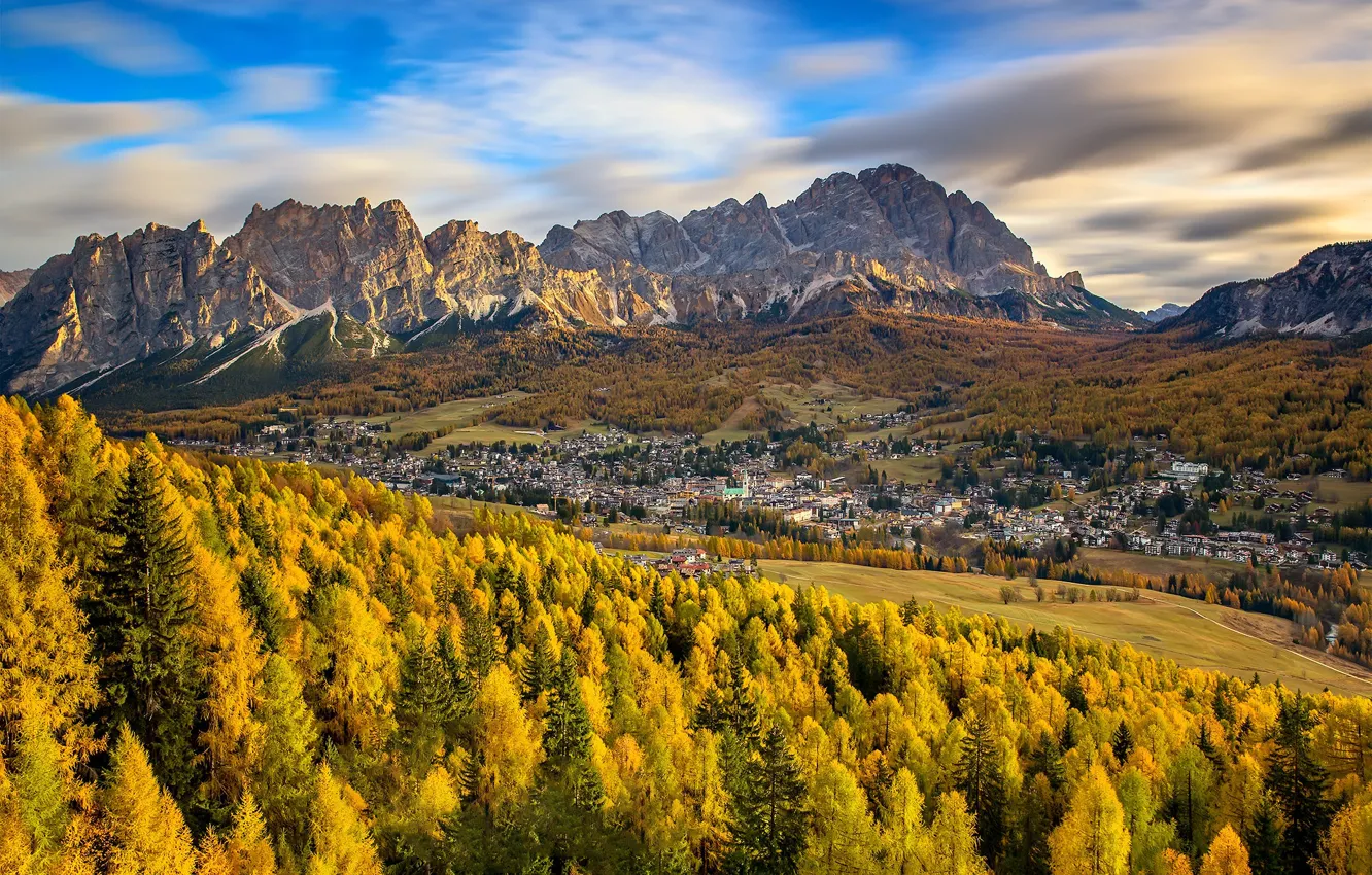 Фото обои осень, горы, долина, Италия, Доломиты
