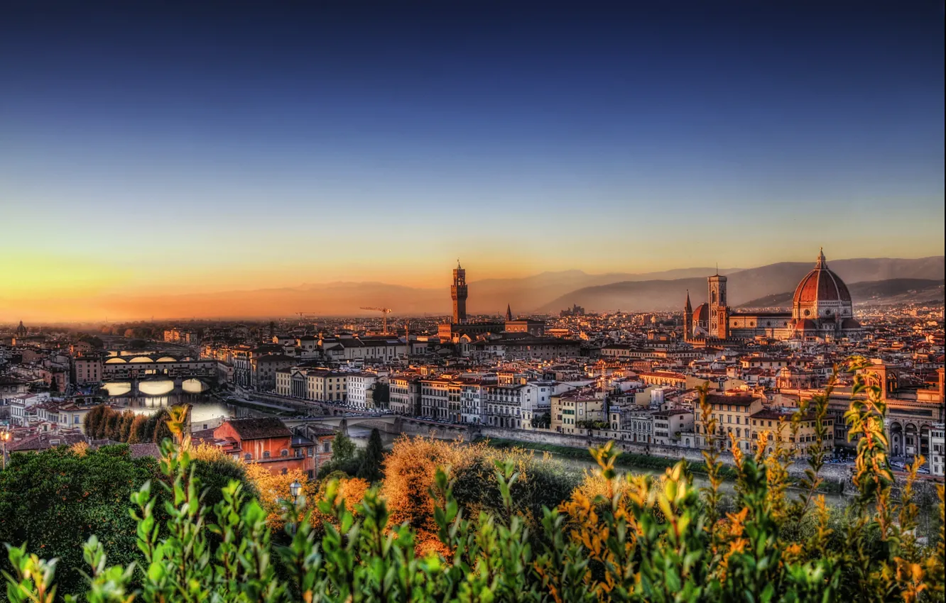 Фото обои восход, здания, дома, Италия, панорама, Флоренция, Italy, bridge