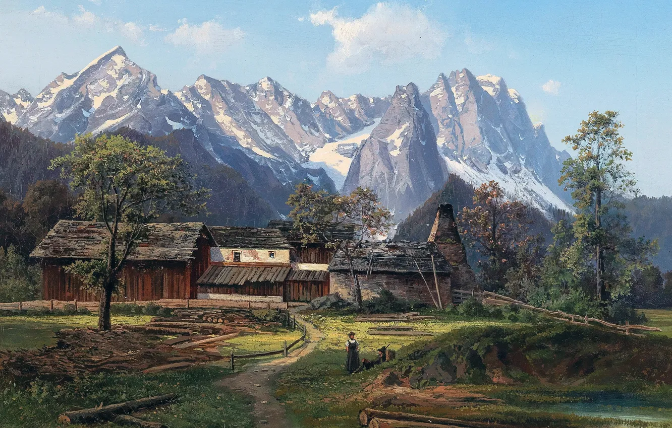 Фото обои Дома, Горы, Деревья, Картина, Женщина, Чешский художник, Михаэль Хауптманн, Michael Haubtmann