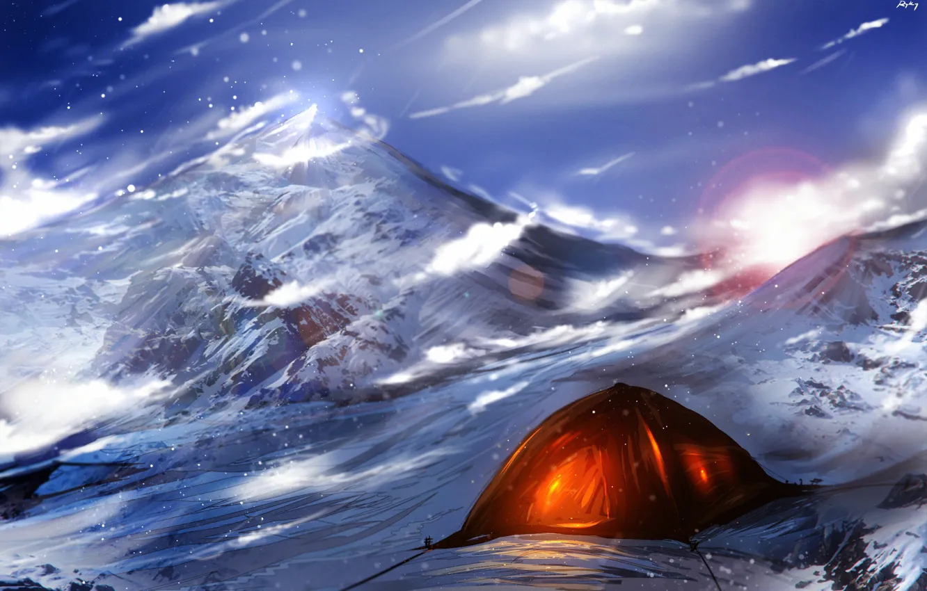 Фото обои горы, арт, палатка, огонёк, ryky