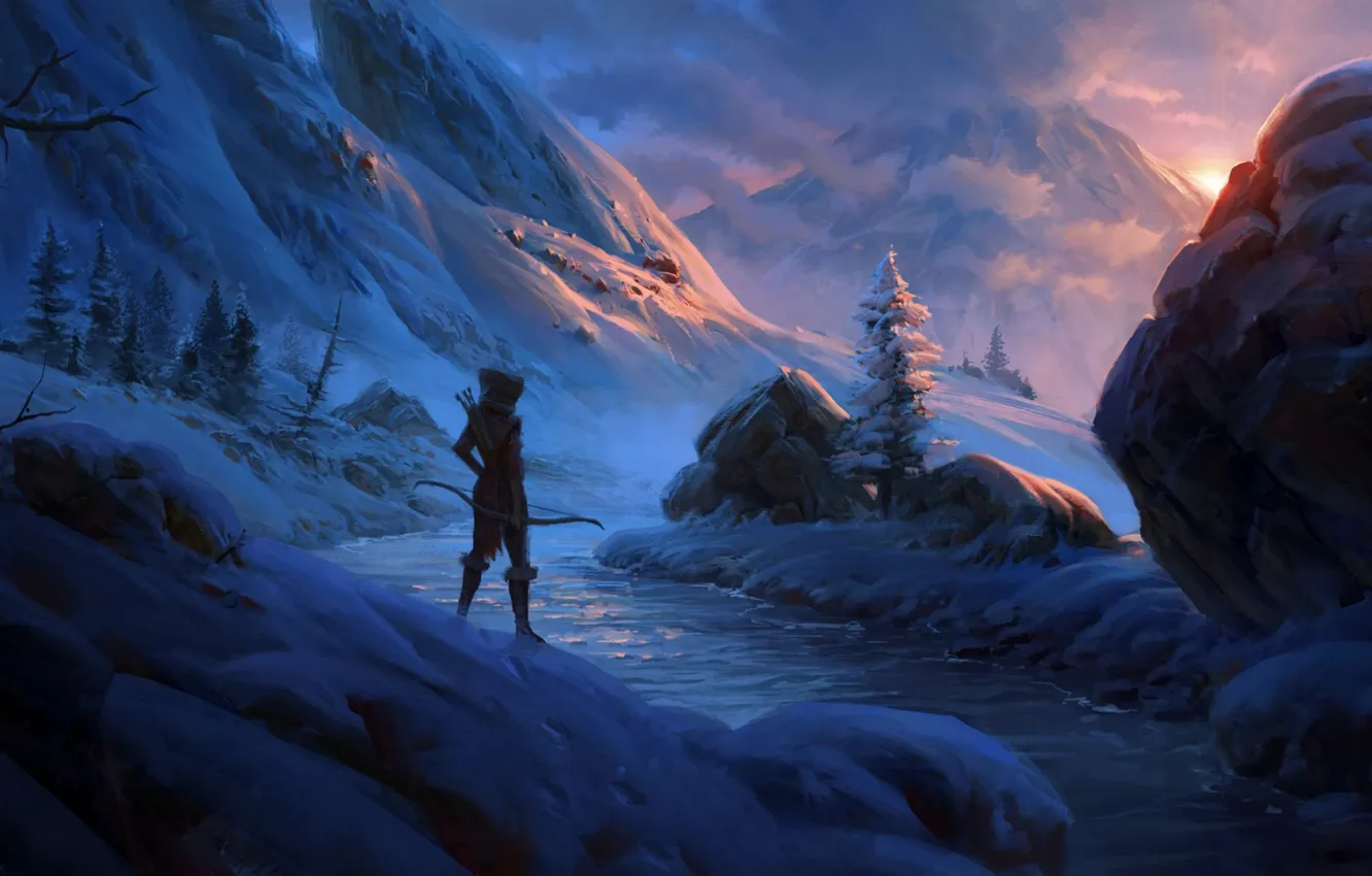 Фото обои снег, закат, горы, ручей, камни, воин, арт, путник