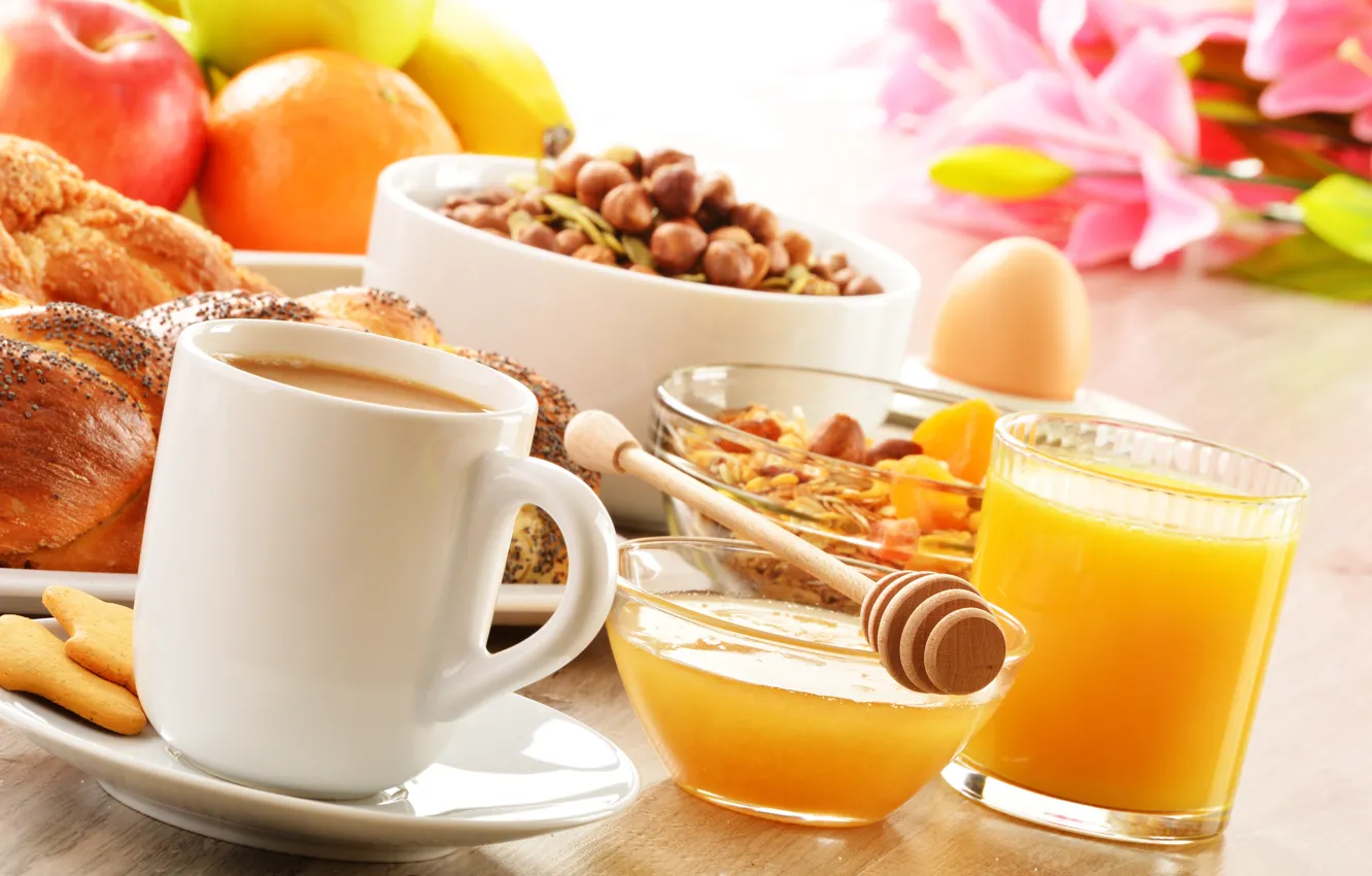 Фото обои кофе, еда, завтрак, печенье, сок, мед, ложка, чашка