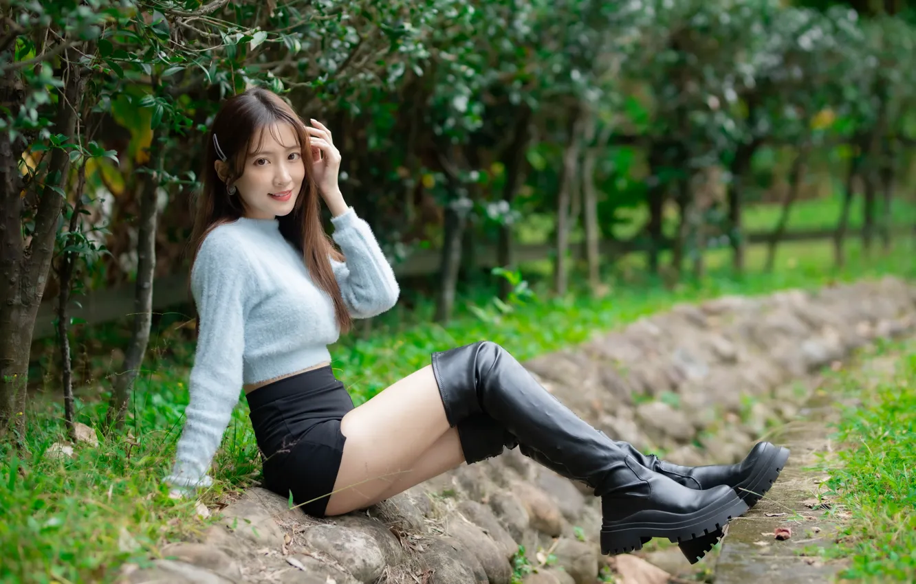Фото обои Asian, long hair, model, women, sitting, dark hair, boots, sweater