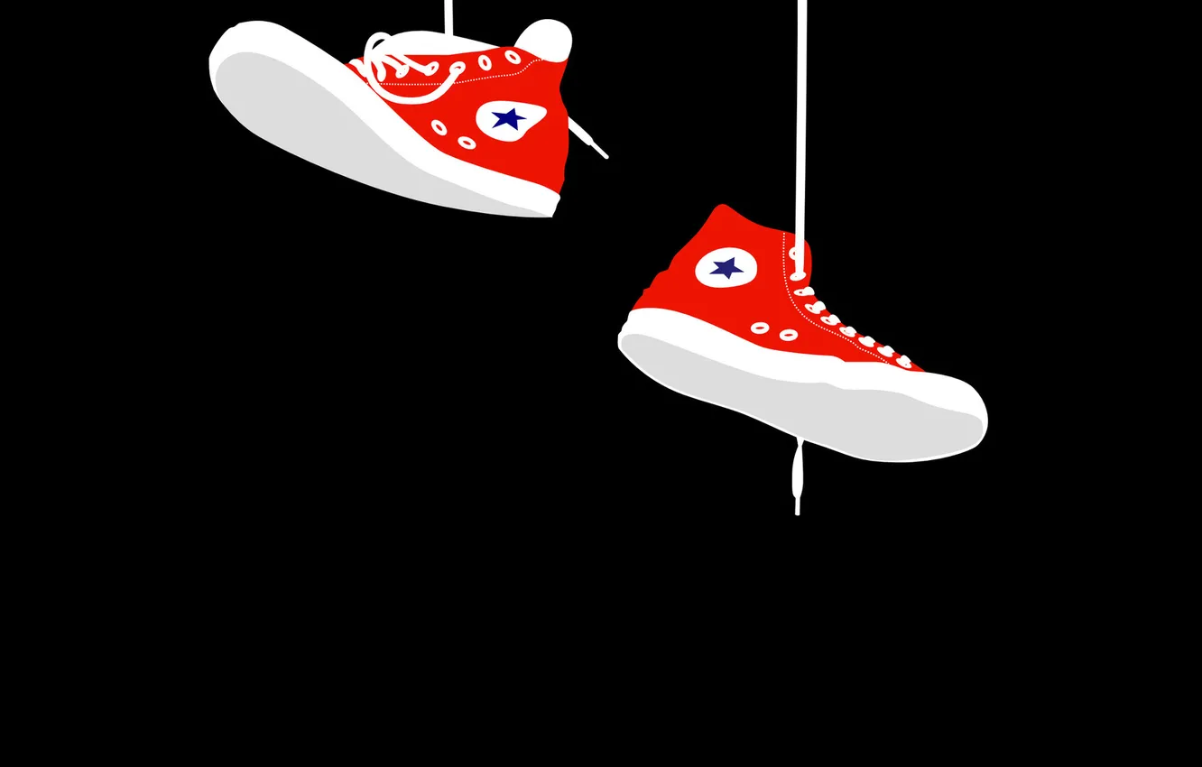 Фото обои фон, шнурки, висят, красные кеды
