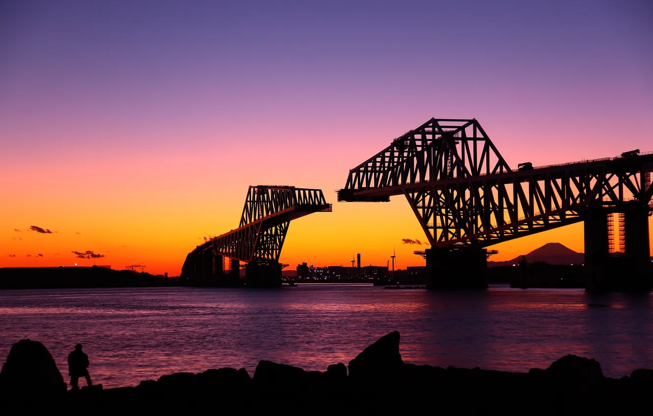 Фото обои закат, мост, река, два