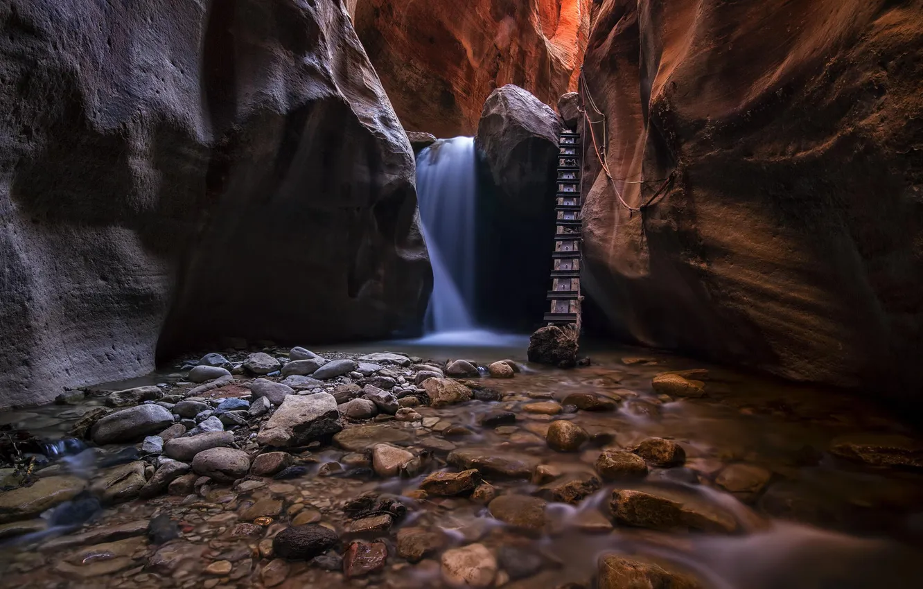 Фото обои вода, ручей, камни, скалы, поток, лестница, каньон, Юта