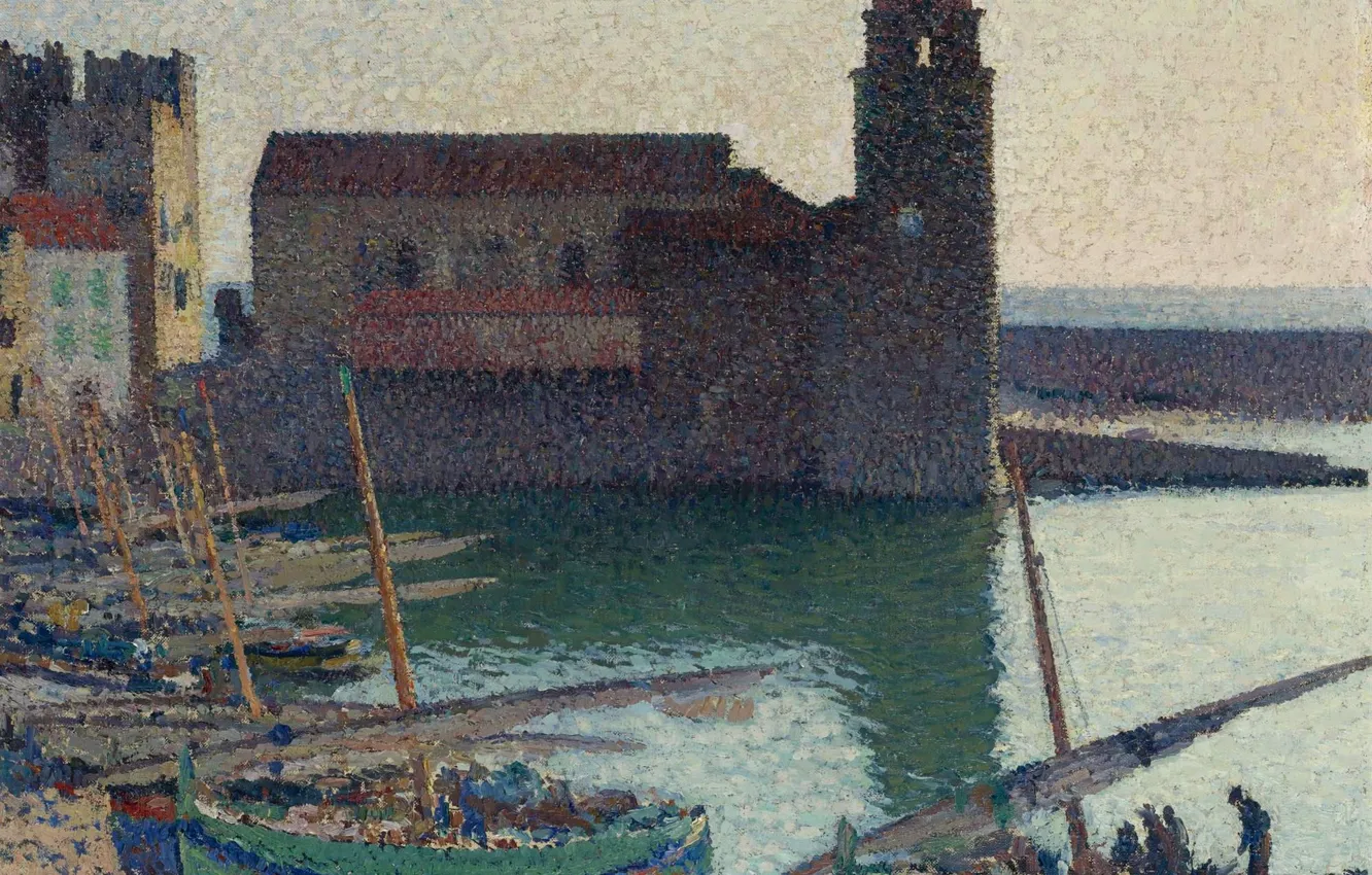 Фото обои море, башня, картина, лодки, пуантилизм, Анри-Жан Гильом Мартин, Порт Коллиура, Henri Matrin