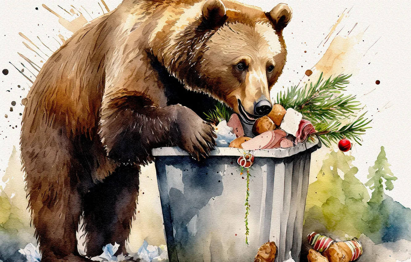 Фото обои медведь, живопись, бурый, мусорный бак, пропитание, имитация живописи, ИИ-арт, нейросеть