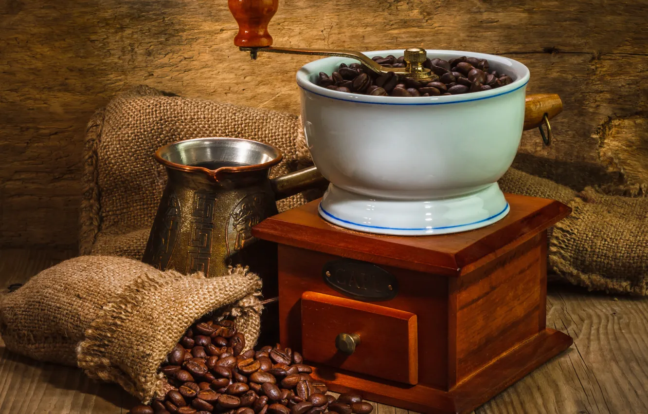 Фото обои wall, coffee, bags, wood beads, machine for grinding coffee