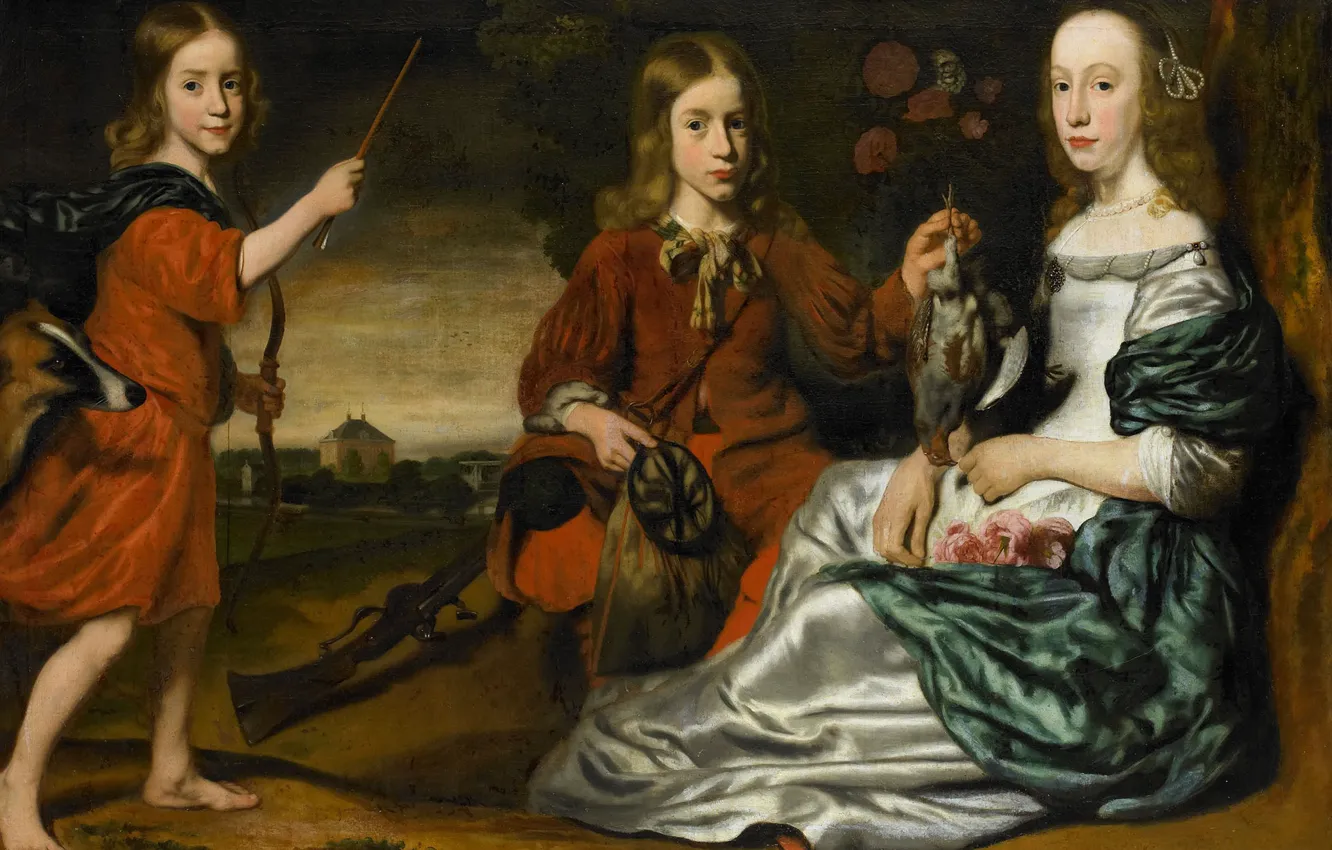 Фото обои масло, портрет, картина, холст, 1675, неизвестный художник, Два мальчика в костюмах охотников и девочка...