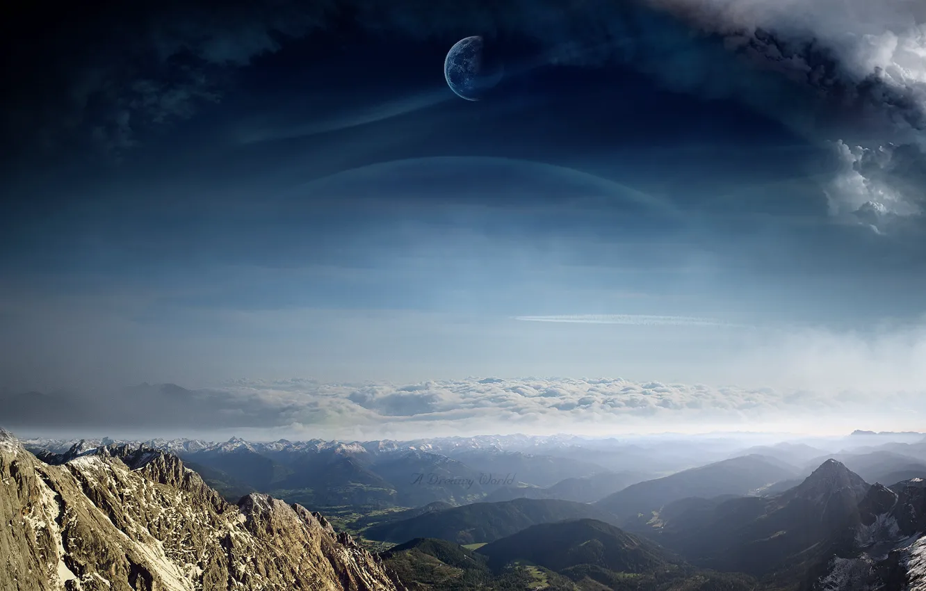 Фото обои облака, пейзаж, горы, планеты, вид, арт, A Dreamy World