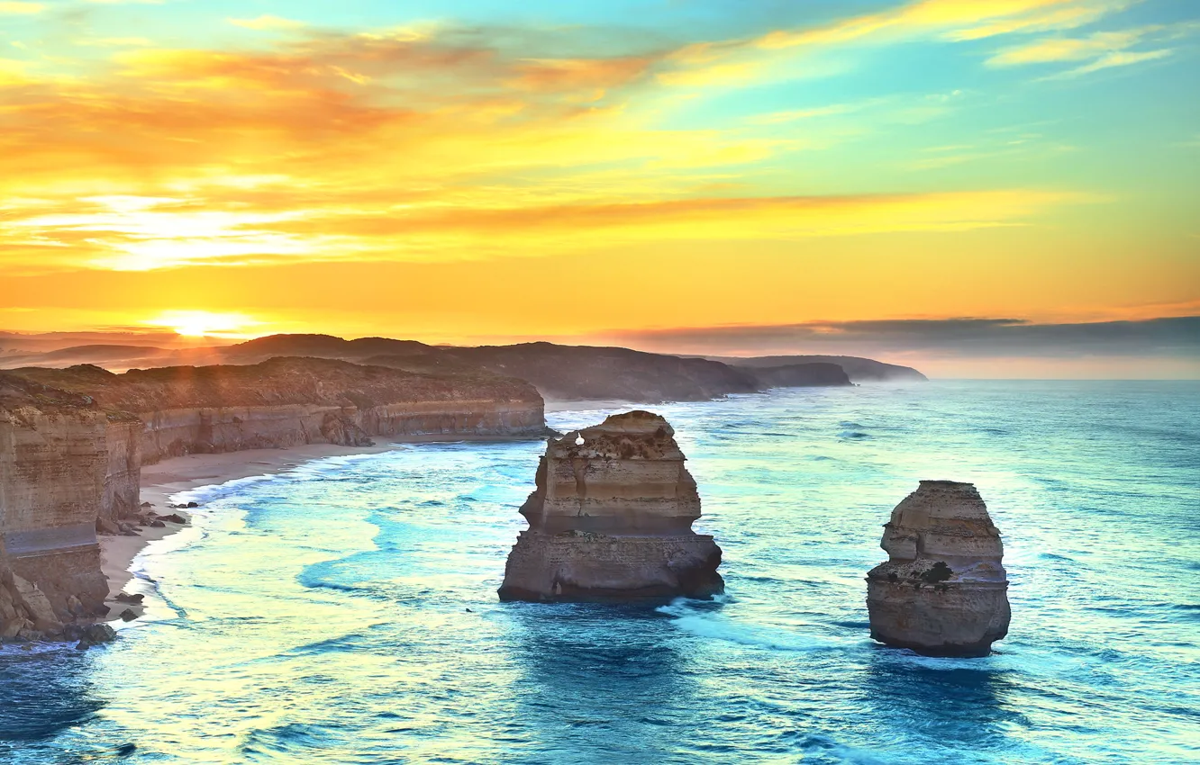 Фото обои море, небо, солнце, облака, закат, океан, скалы, Австралия
