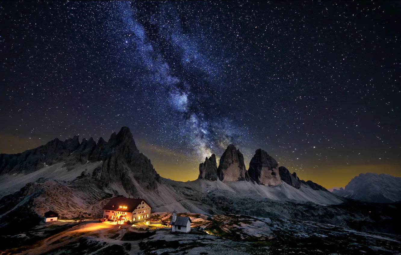 Фото обои горы, ночь, природа, дом