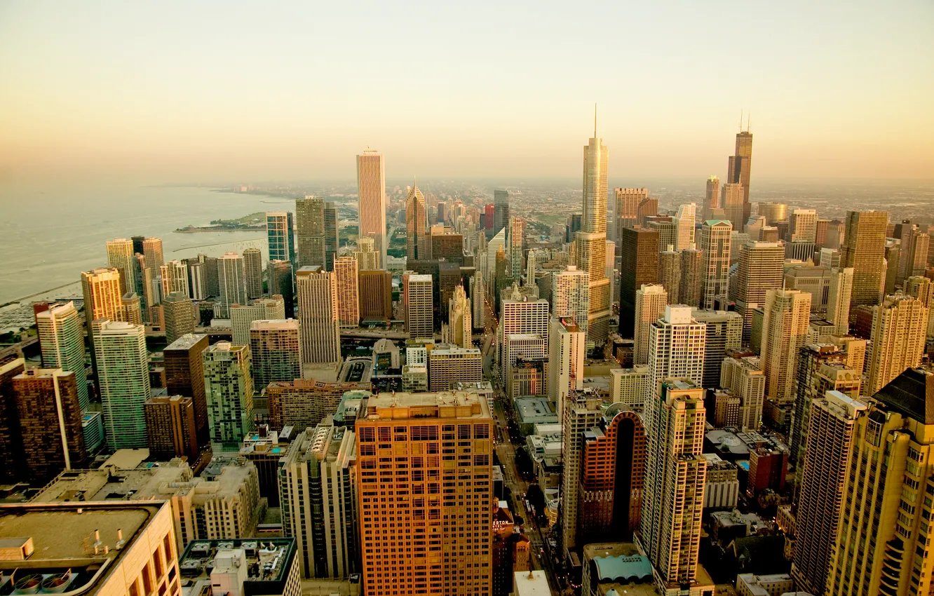 Фото обои город, небоскребы, утро, Чикаго, США, Chicago, мегаполис, Иллиноис