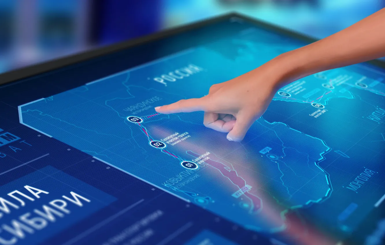 Фото обои панель, руки, Россия, GAZPROM touch panel interface, сила Сибири