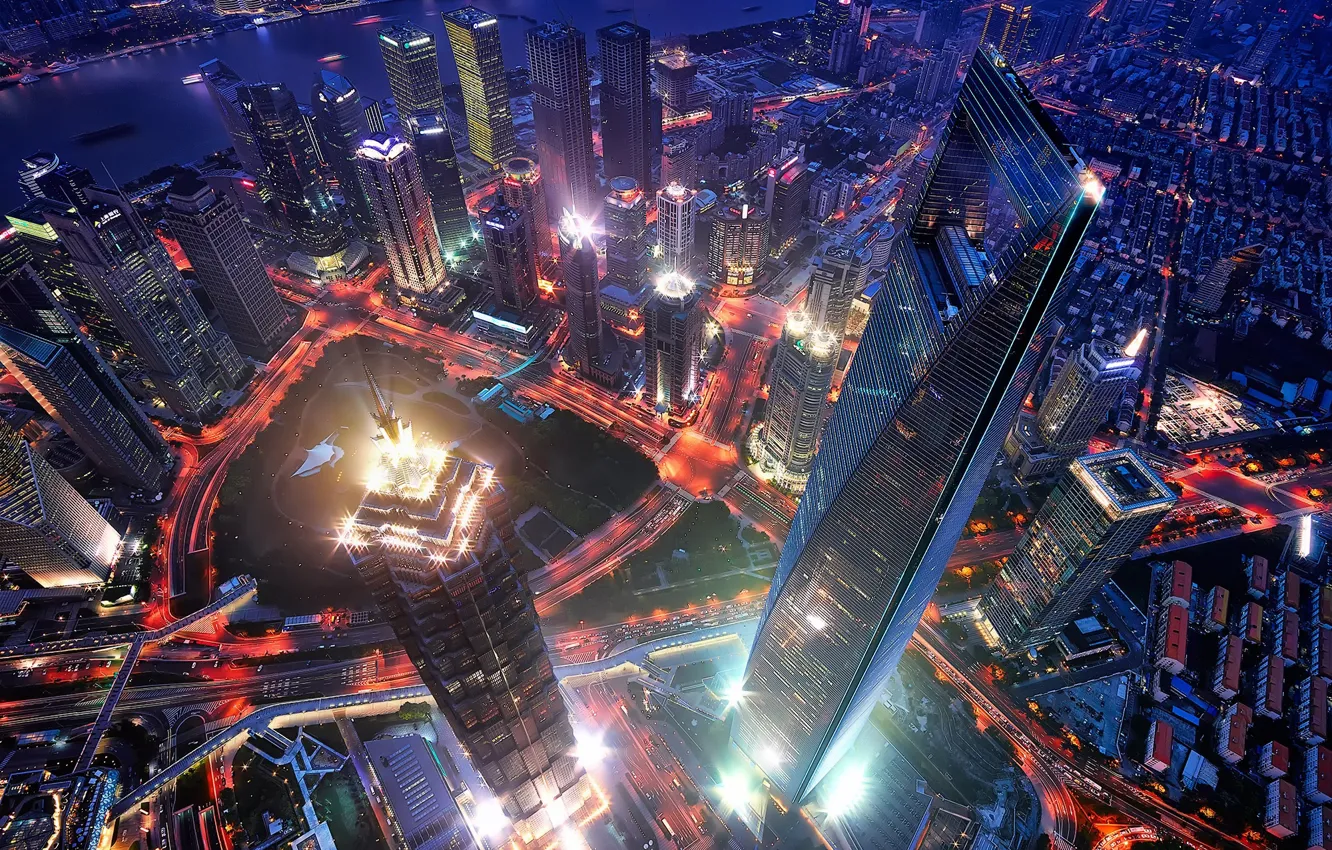 Фото обои город, вечер, Китай, вид сверху