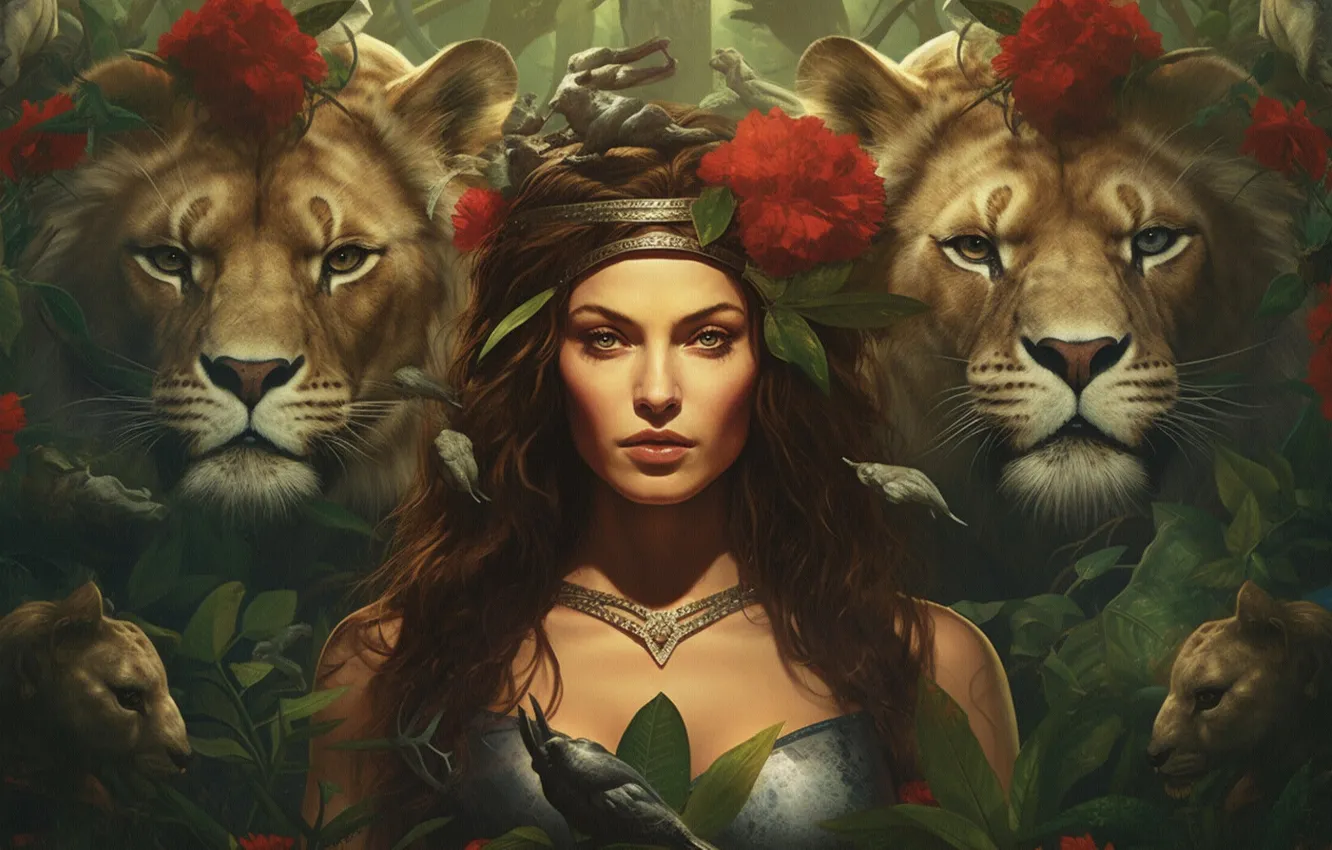 Фото обои грудь, взгляд, морда, листья, девушка, цветы, поза, животное