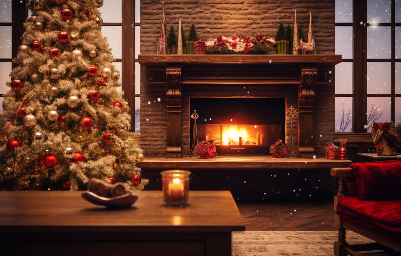 Фото обои украшения, комната, елка, интерьер, Рождество, Новый год, камин, Christmas