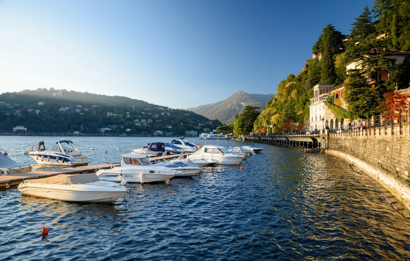 Фото обои озеро, лодки, причал, Италия, стоянка, Комо