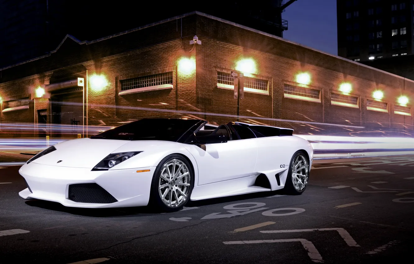 Фото обои ночь, улица, supercar, Lamborghini Murcielago, ламборгини, автообои, LP640 Roadster