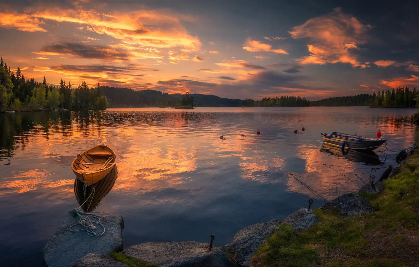 Фото обои небо, закат, озеро, лодки, Норвегия, Norway, Ringerike, Ole Henrik Skjelstad