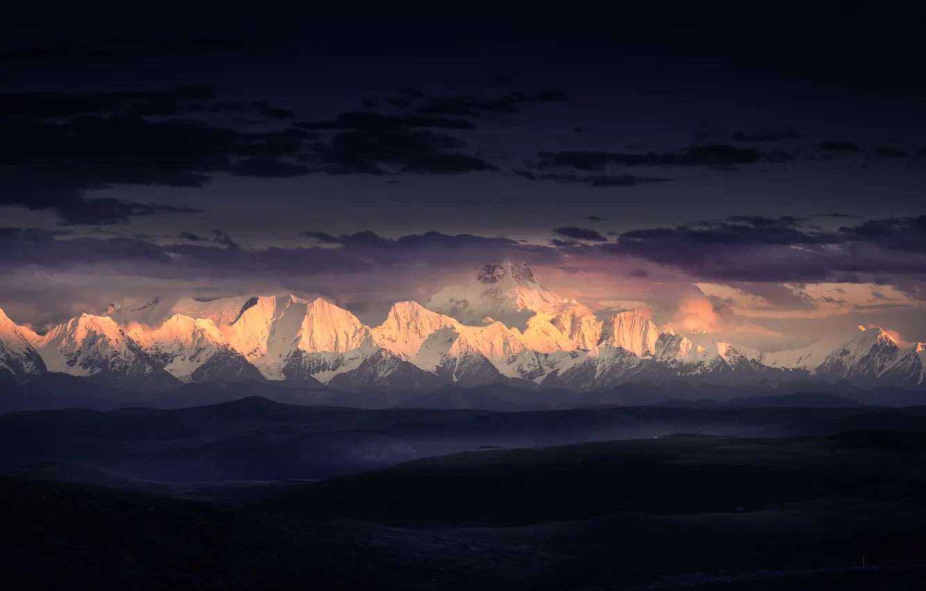Фото обои sky, mountains, sunrise, Tibet, Гималаи, Himalayas, mounts
