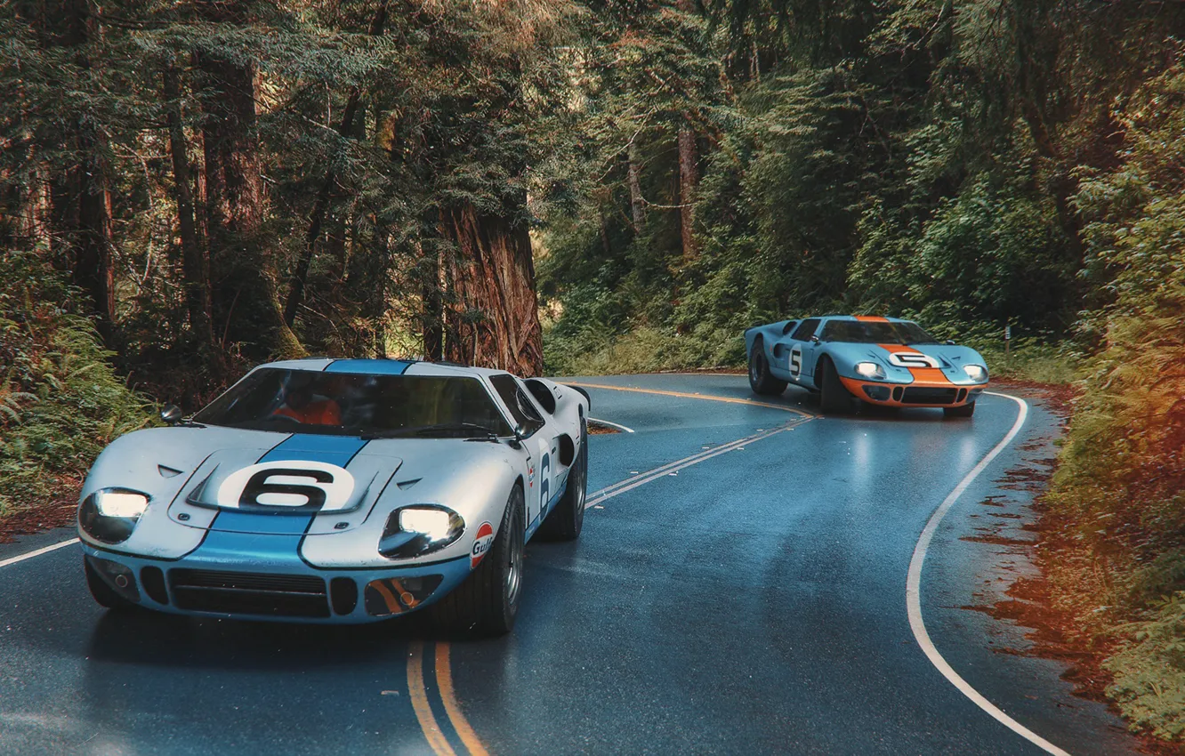 Фото обои дорога, лес, транспорт, автомобиль, 1966 Ford GT40 MkII