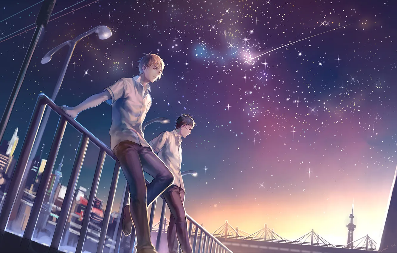 Фото обои звезды, ночь, город, фонари, парни, падающая звезда, Kuroko no Basket, Kiyoshi Teppei
