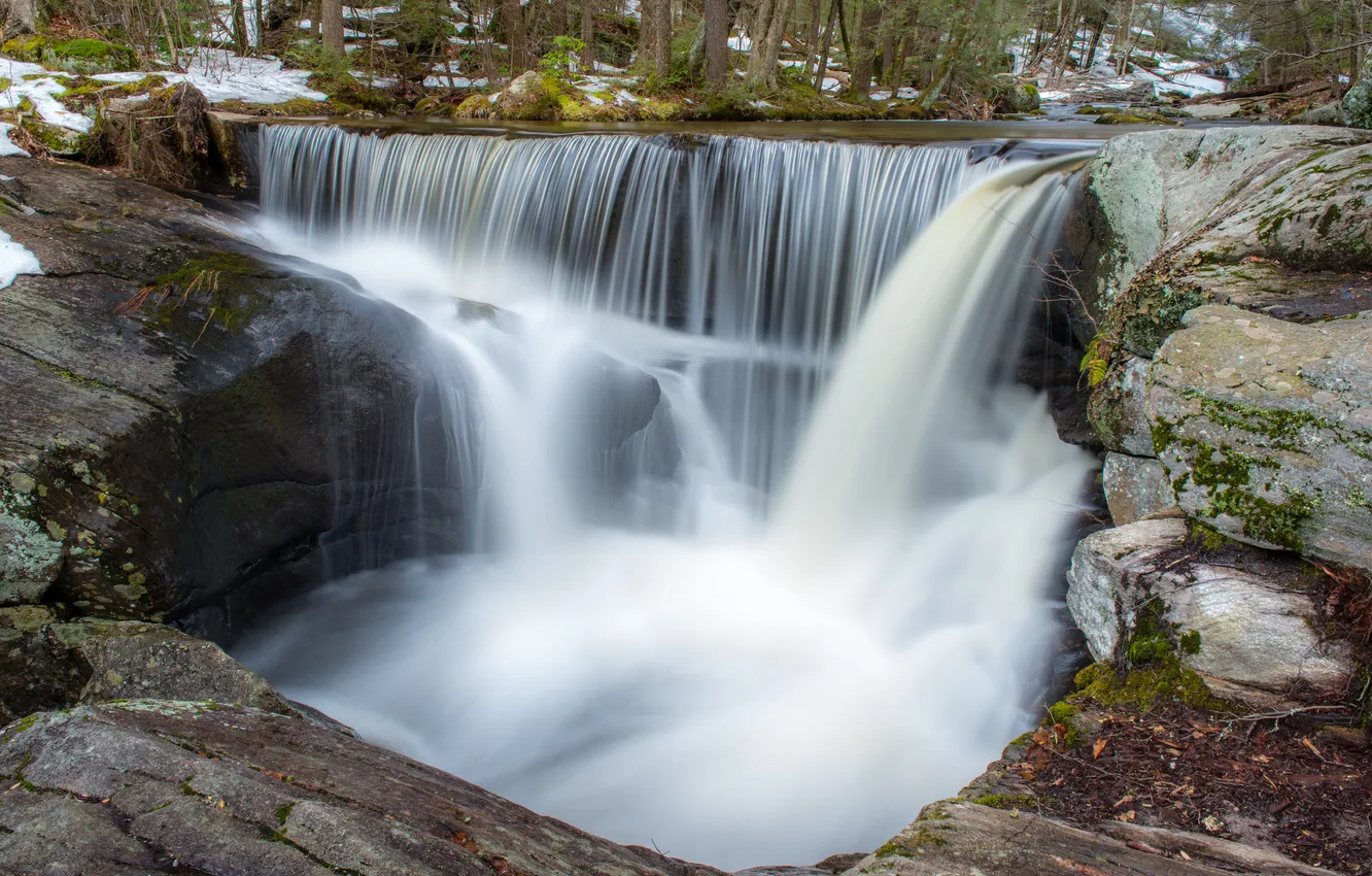 Фото обои лес, река, камни, водопад