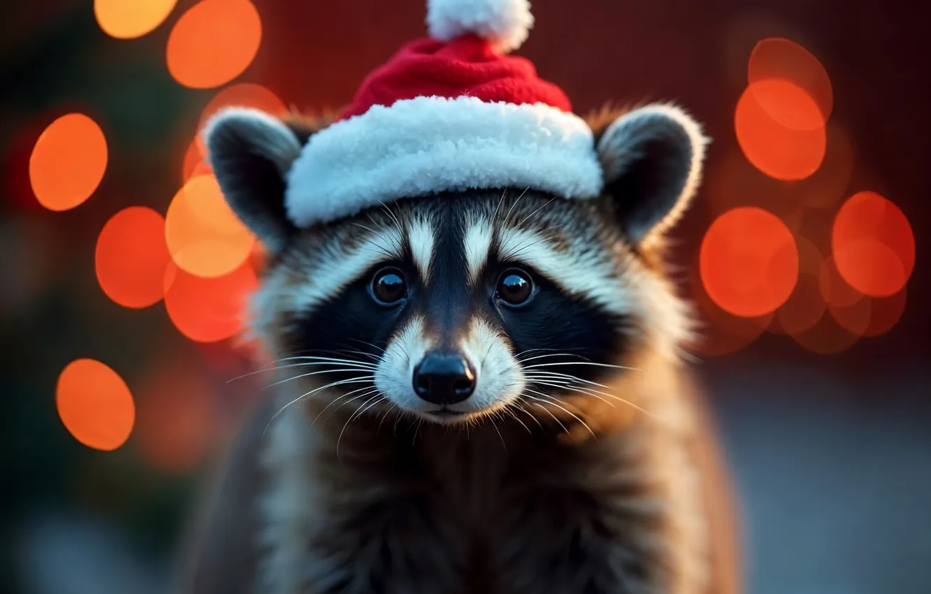 Фото обои Рождество, енот, Новый год, Christmas, bokeh, cute, шапка санты, raccoon