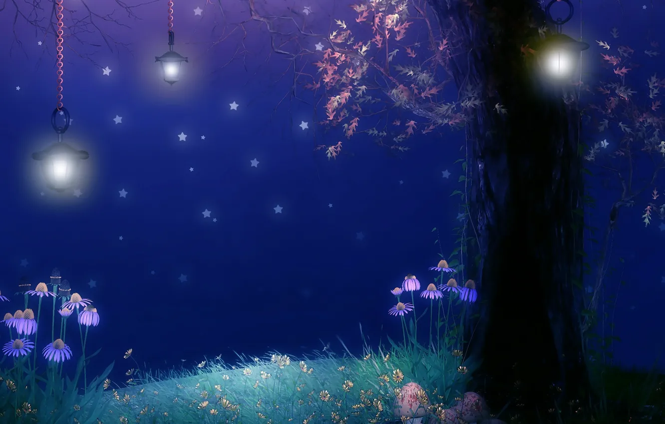 Фото обои цветы, ночь, дерево, листва, грибы, звёзды, фонари