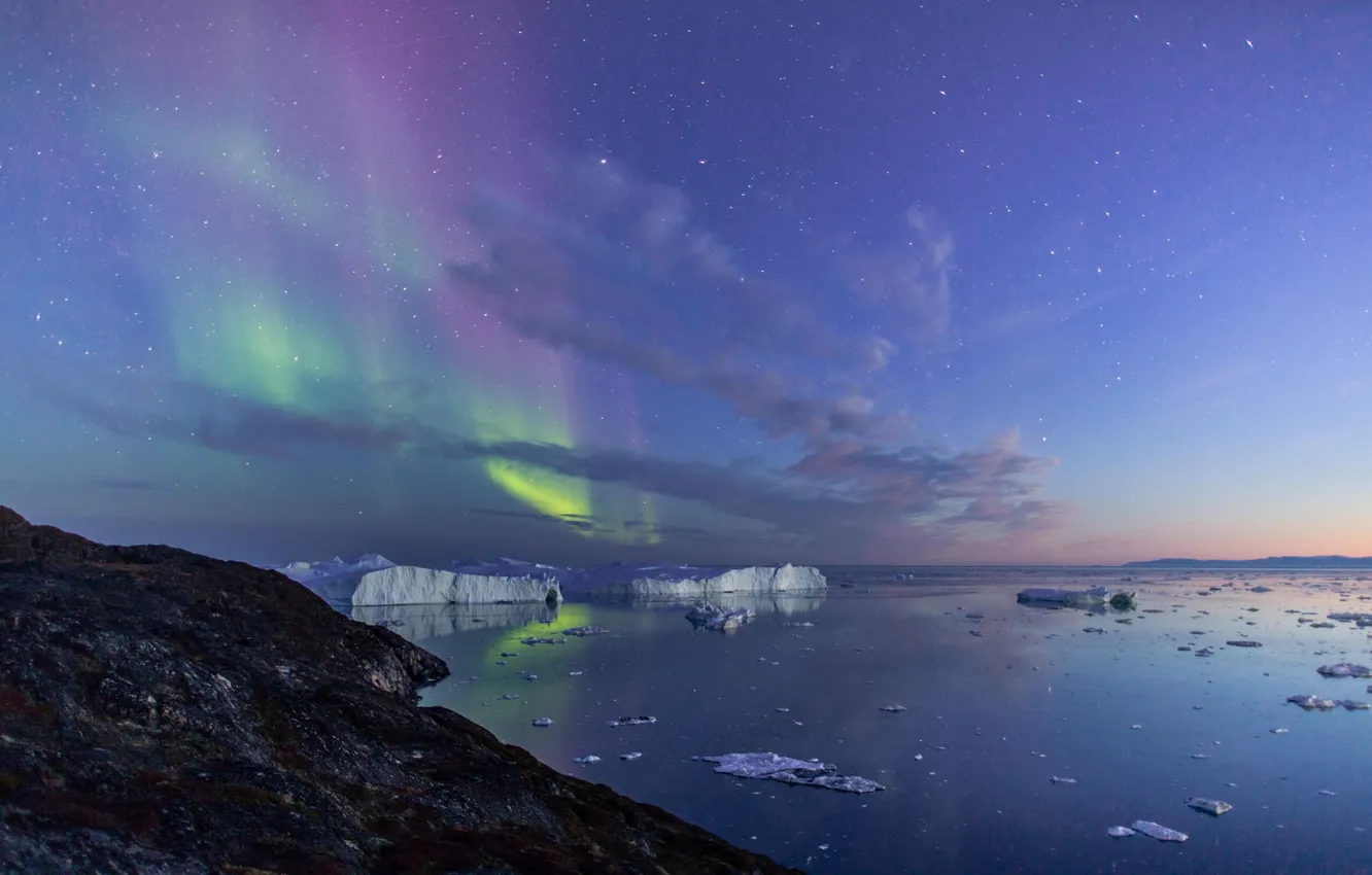 Фото обои море, пейзаж, природа, океан, северное сияние, льдины, Гренландия