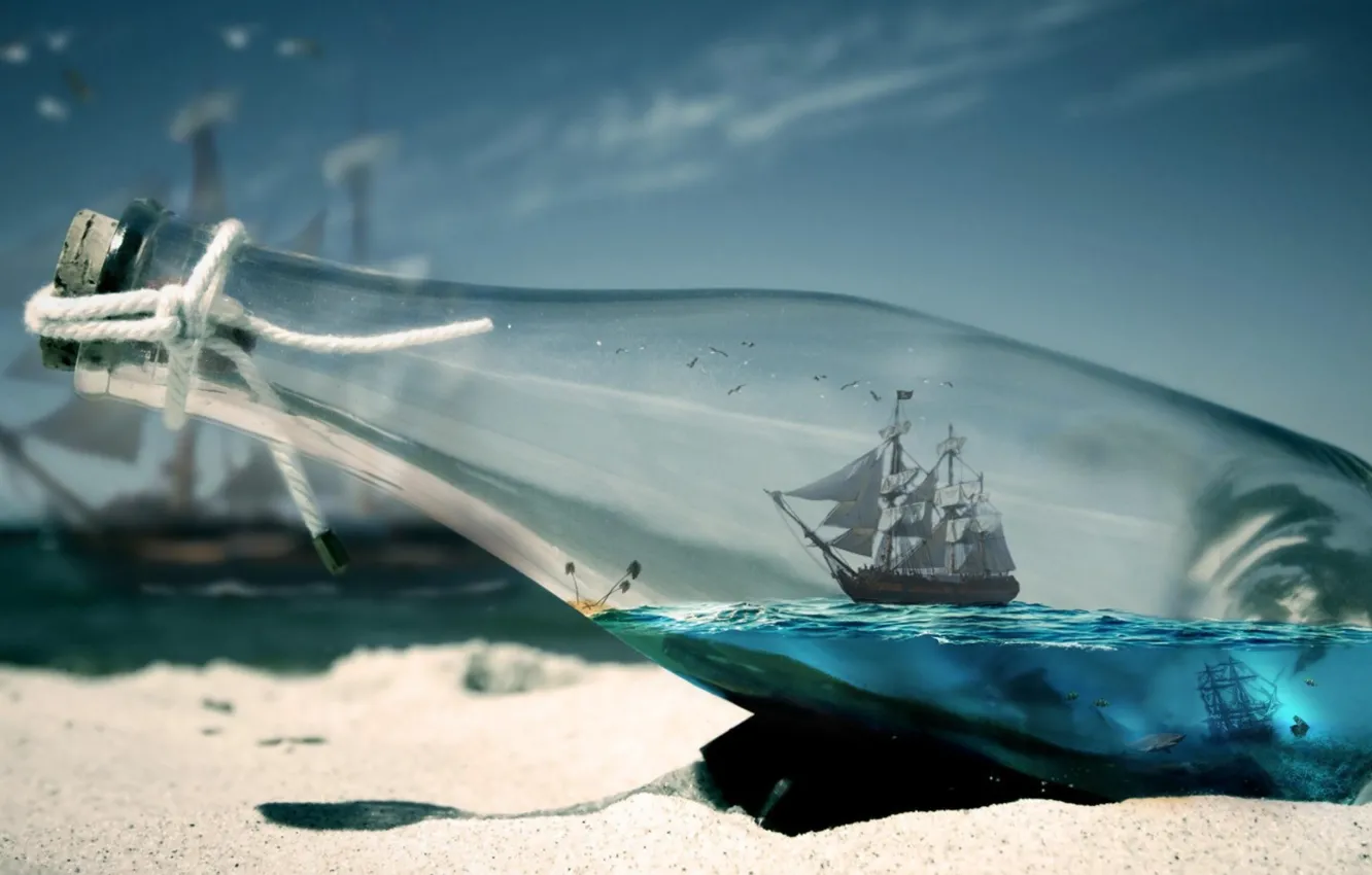 Фото обои песок, море, кораблик, в бутылке