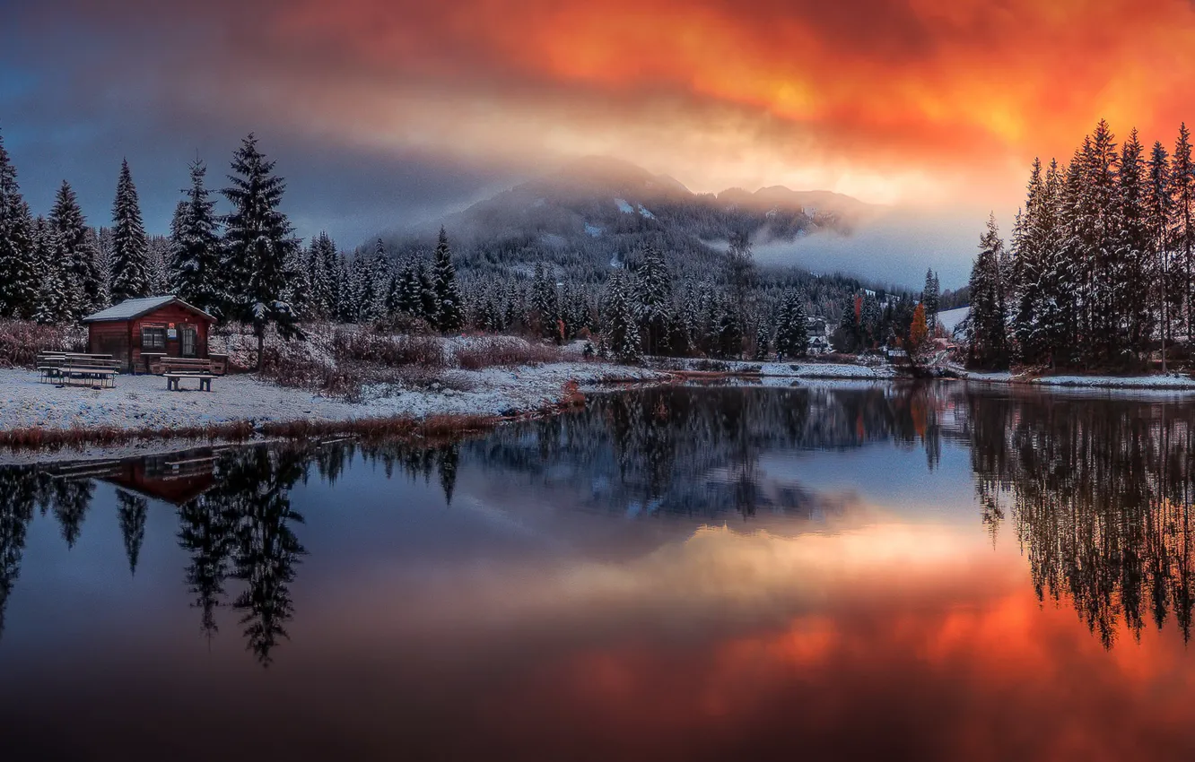 Фото обои зима, закат, горы, озеро