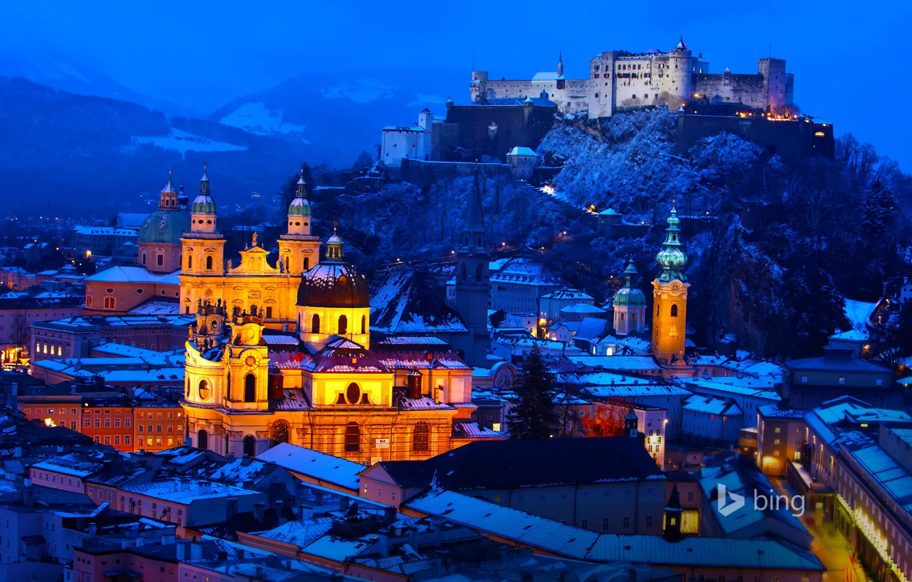 Фото обои зима, снег, горы, ночь, огни, замок, дома, Австрия