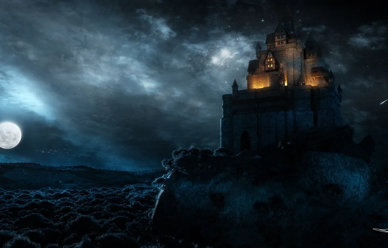 Фото обои ночь, город, скала, замок, луна, арт, крепость