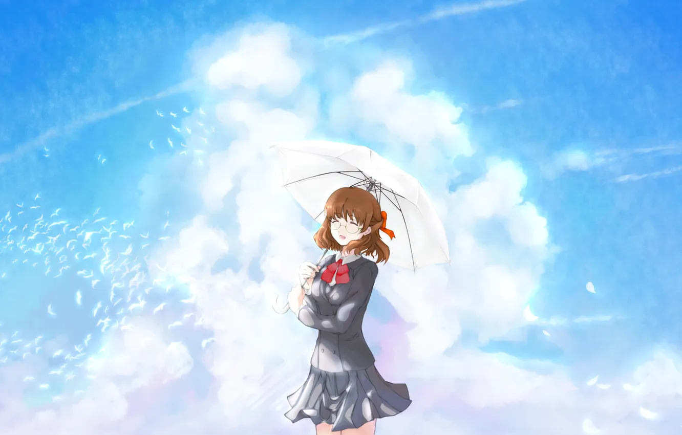 Фото обои небо, девушка, облака, птицы, зонт, аниме, арт, школьница