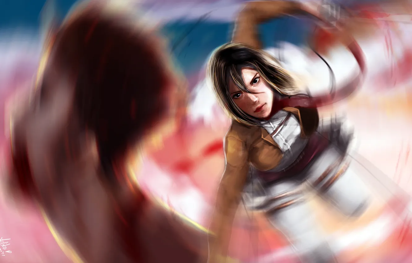 Фото обои взгляд, девушка, лицо, оружие, кровь, аниме, арт, Mikasa Ackerman