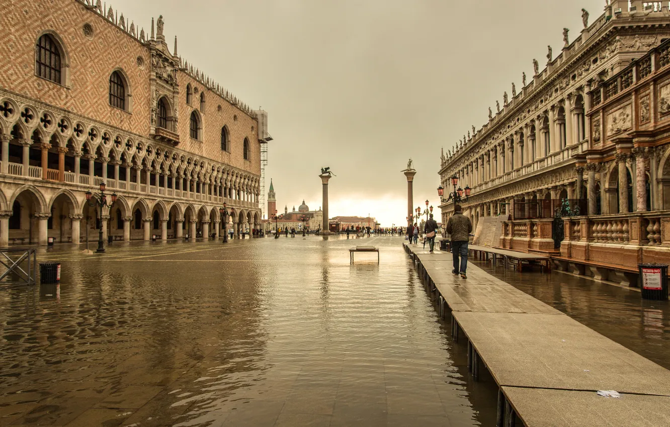 Фото обои небо, вода, наводнение, Италия, Венеция, колонна, дворец дожей, пьяцетта