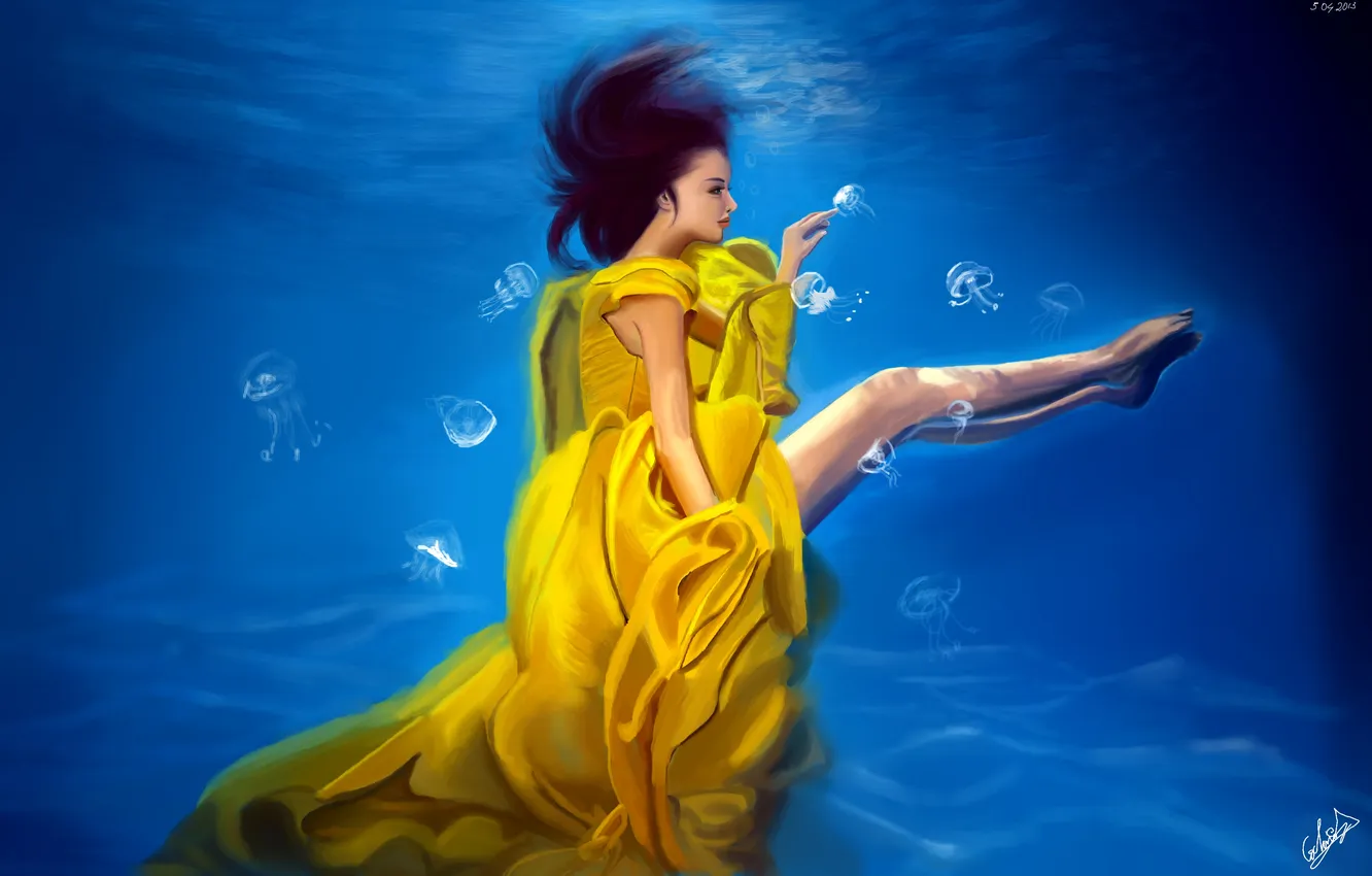 Фото обои девушка, лицо, арт, медузы, профиль, ножки, живопись, под водой
