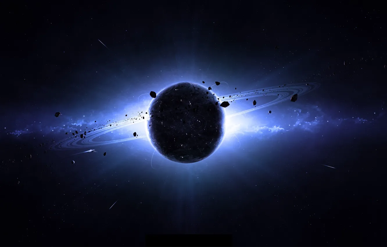 Фото обои космос, планета, свечение, корабли, кольца, астероиды, галактика, planet