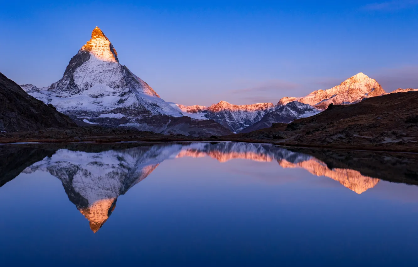 Фото обои горы, озеро, отражение, Швейцария, Альпы, Switzerland, Alps, Matterhorn Mountain